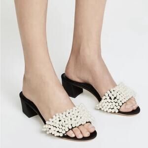 Tory Burch Tatiana 45mm Pearl Block Heels Black‎ Satin Slide Sandals Size 10